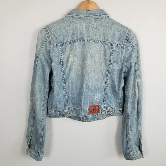 Polo Jeans Co Ralph Lauren Y2K Distressed Cropped Blue Denim Trucker Jacket Sz M - Picture 9 of 12